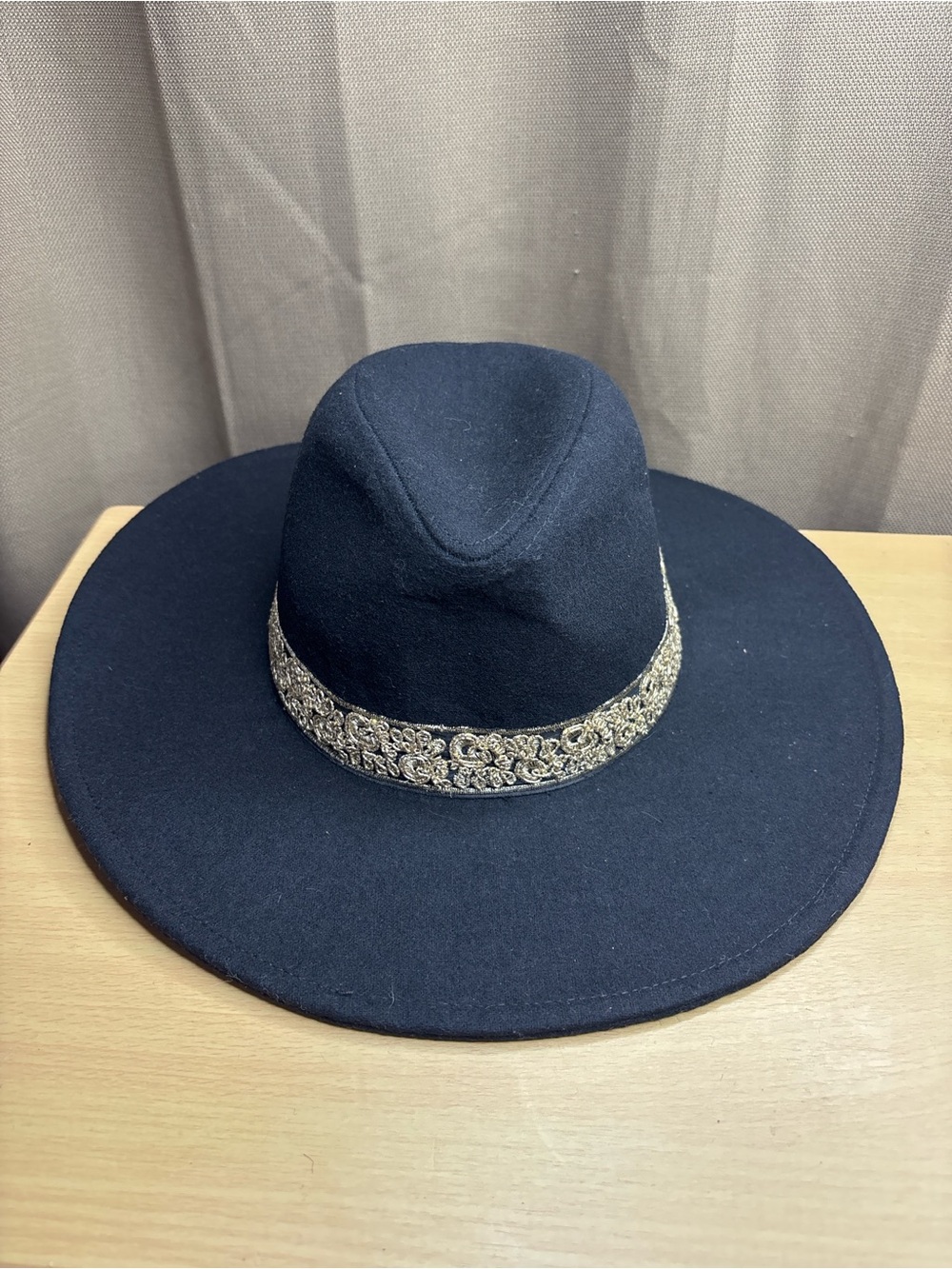 Wide-Brim Black Felt Hat with Ornate Gold Trim